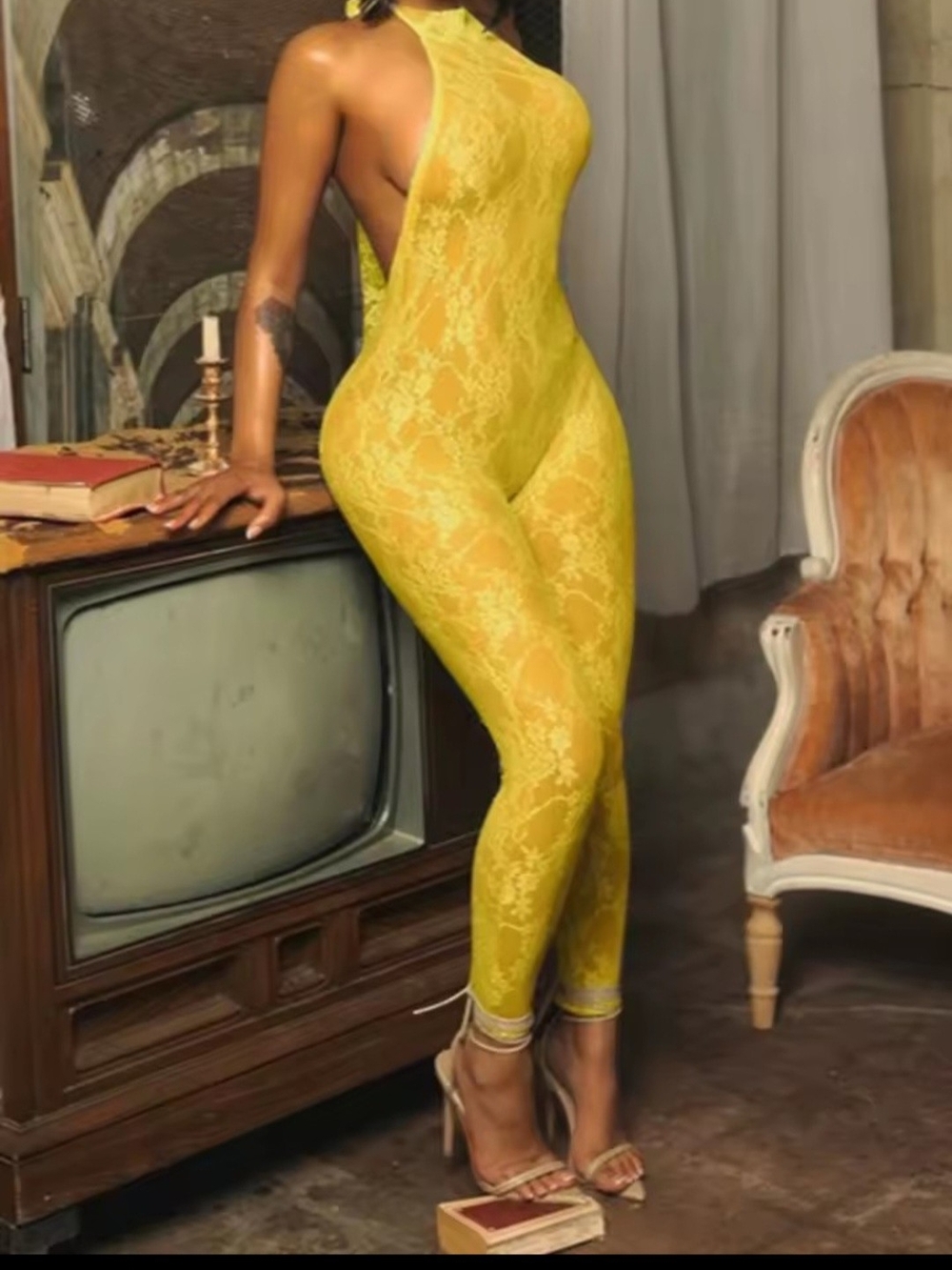 Yellow Lace Halter Jumpsuit Bodysuit - Women